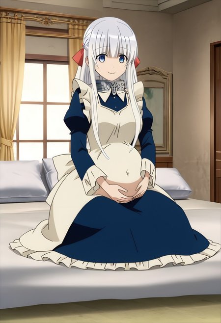 best quality, masterpiece, 4k, perfect lighting, very aesthetic, anime, anime coloring, official art, anime screencap,
bedroom, happy, smile, large pregnant belly, 
sitting, hand on belly,
<lora:Madome - Nephelia SDXL R1:0.8>, Nephelia, dress, maid uniform