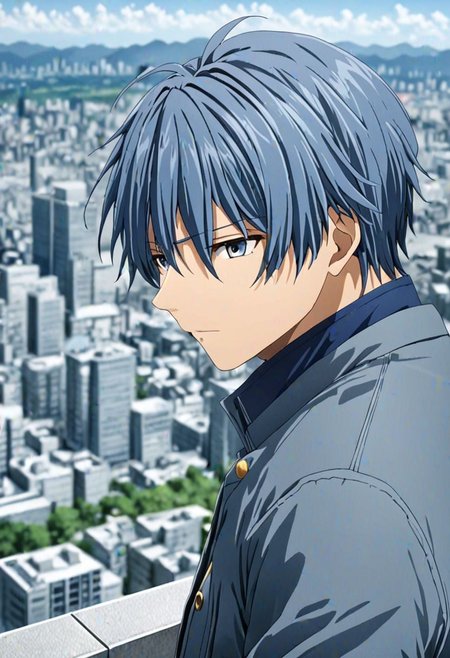 high resolution, solo, best quality, 1Boy, Tomoya Okazaki, Grey Blue Hair, high-rise, top of building, landscape, shallow depth of field, OverallDetail