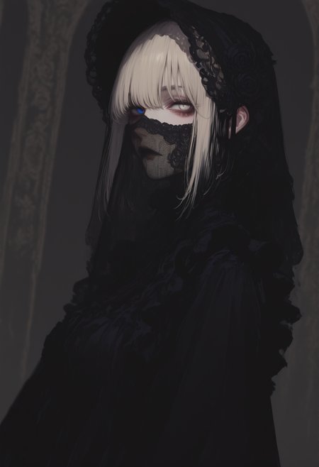masterpiece, 8K, depth of field, focused subject, best quality,newest, absurdes, 1girl, solo, platinum blonde with black hair tint, highlighted hair, blue eye, white eye, lace mouth veil, look at viewer, grunge background, gradient, high contrast, sharp focus, mysteri ambience, victorian steampunk aesthetic, dutch angle, low angle shot, from side, black sundress, lace, frills, revealing, dark theme, gothic, sensuam, seamless, shading, sketch art style, sharp focus, arsmjstyle, 7481llu, 4kiak4ne_illu, cknc, g0zena_illu, <lora:HyperdetailedColoredPencilIl:0.33> <lora:748cm_illu:0.75> <lora:4kiak4ne:0.3> <lora:ck-nc-cyberpunk-IL:0.3> <lora:NOOB_vp1_detailer_by_volnovik_v1:0.8> <lora:ponyv6_noobV1_2_adamW:0.25> <lora:G0zeNA_style:0.25>