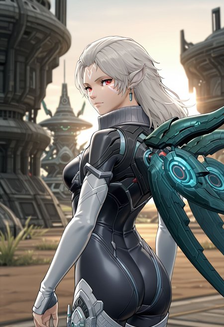 <lora:neilnail_(xenoblade)_v1_IL:0.8> neilnail_(xenoblade), 1girl,long hair, white hair, red eyes, animal ears, medium breasts, facial mark, earrings, jewelry, bodysuit, looking back, looking at viewer, mechanical wings, outdoors, alien architecture, backlit, lit by afternoon sun, blurry background,