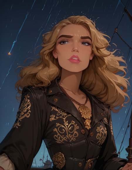 <lora:Disney_Style:.9> <lora:princess_xl_v2:.75> <lora:add-detail-xl:.9> <lora:g0th1cPXL:.3> <lora:Cherry-Gig:.45> <lora:Expressive_H:1> <lora:PLASTT_PonyV6:1> <lora:Elizabeth_Swann_ZairaSass_v1:1> score_9, score_8_up, score_7_up, zPDXL, DisneyRenstyle, score_9,score_8_up,score_7_up,score_6_up, 
(stormy ocean background, rain, storm, lightning, night, on pirate ship, ambient light), (standing, 3/4 view, dynamic pose, low angle), 
1girl, solo, sexy 18 year old, British girl, (Elizabeth Swann, Pirate King), perfect face, beautiful face, defined cheekbones, defined jawline, light brown hair, thick hair, thick dark eyebrows, dark brown eyes, dark lashes, thin lips, 
confident expression, narrow eyes, hand holding onto rope, perfect hands, 5 fingers, slender waist, 
black coat with decorative golden symbols, black leather underbust corset, black trousers, legs apart,