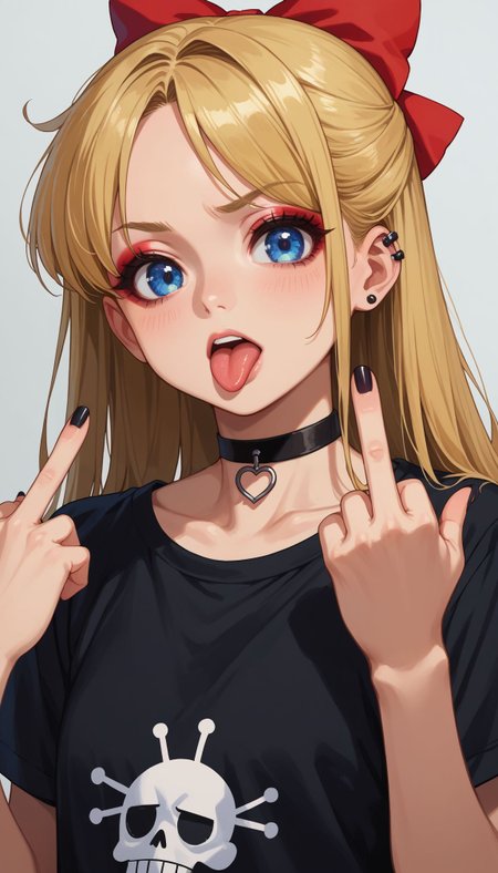 score_9, score_8_up, score_7_up, source_anime, 
 <lora:Sailor Venus:0.9> , minako aino, blonde hair, blue eyes, bow, hair bow, half updo, long hair, red bow,
black shirt, t-shirt, black choker, goth, eyeliner, eyeshadow double middle finger, tongue out,