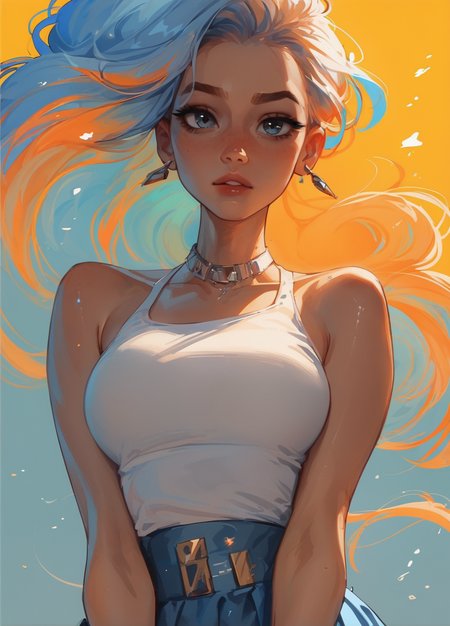 score_9, score_8_up, score_7_up,
stunning woman, curves, smooth skin, attractive eyes, glossy skin reflections,
glamorous background, white top, blue skirt,
momentum, effects,
high contrast, saturated colors, volumetric light, watercolors
<lora:samdoesartsPony:0.5>
<lora:Watercolor Anime Style LoRA_Pony XL v6:0.3>
<lora:Smooth Anime 2 Style SDXL_LoRA_Pony Diffusion V6 XL:0.5>