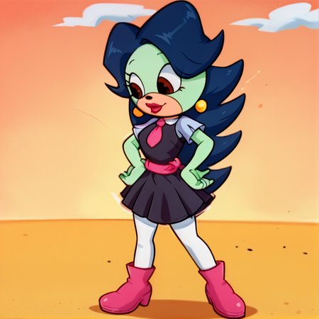 score_9, score_8_up, score_7_up, score_6_up, score_5_up, score_4_up, BREAK,  <lora:Breezie_the_hedgehog:1>, breeziethehedgehog, dark blue hair, long hair, furry female, green fur, body fur, earrings, red lipstick, brown eyes,  <lora:amyrosesonicxoutfit:1>, arsonicxoutift, black dress, short dress, white pantyhose, pink necktie, pink sash, short sleeves hands on hips, outside, pink boots,