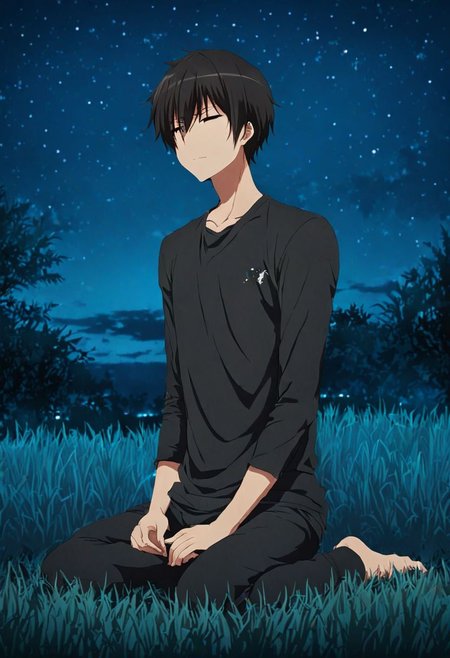 high resolution, solo, best quality, 1Boy, Kanie Seiya, Black Hair, grass, middle night, sky night, beautifull night, OverallDetail