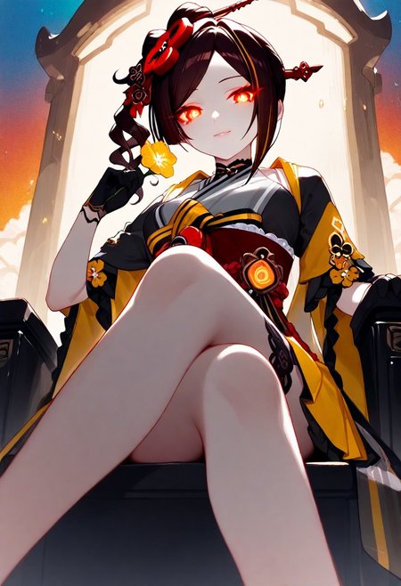 1girl, Chiori Genshin Impact, glowing eyes, lips, thin lips, solo, looking at viewer, charming smile, holding flower, upper body, from below, back lighting, multicolored background, masterpiece, raining cherry blossom, best quality, very aesthetic, sitting on throne legs crossed,  boleromix