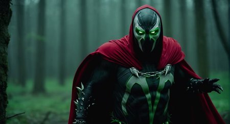 Dark Moody Atmosphere, (Cinematic Film stock footage style) in (arri alexa style) (Kodak film print style),
 <lora:Spawn:1>
Spawn a demonic creature with green eyes and a red cape in a living symbiotic costume, dramatic, mysterious, dark moody atmosphere