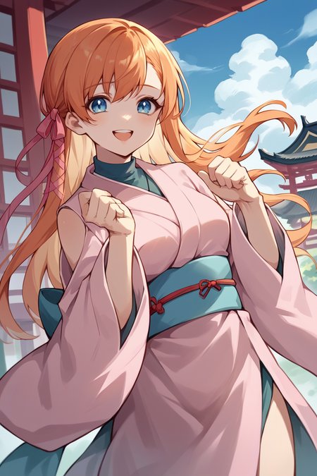 score_9, score_8_up, score_7_up, score_6_up, source_anime, BREAK 1girl  <lora:ryne-pdxl-nvwls-v1:1> ryne, orange hair, blue eyes, hair ribbon, pink kimono, sash, japanese architecture, blue sky, wide sleeves, looking at you, happy, clouds