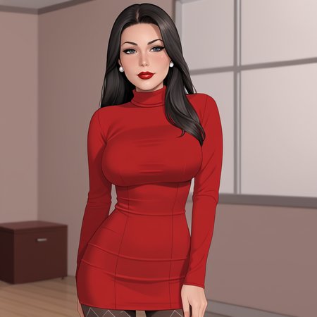 <lora:BlueBulleteer_pony_v1:.8> BlueBulleteer, 1girl, large breasts, lipstick,  makeup, black hair, long hair, red lips, cowboy shot,  <lora:0965 Home wear 12_v1_pony:1> ruanyi0965,red dress,short dress,black pantyhose,argyle legwear,turtleneck,dress lift,bottomless,long sleeves