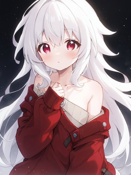 kelala girl,white hair,Red eyes,<lora:xl_kelala girl-000011:0.9>,off-shoulder sweater