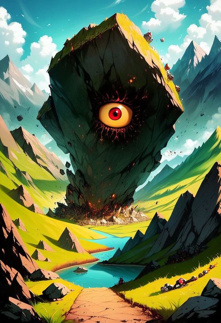 core_9, score_8_up, score_7_up, ultra detailed, Excellent quality, high resolution, creature, cyclops, destruction, elemental (creature), giant, giant monster, golem, grass, lake, monster, mountain, one-eyed, open mouth,outdoors, rock, water 200k