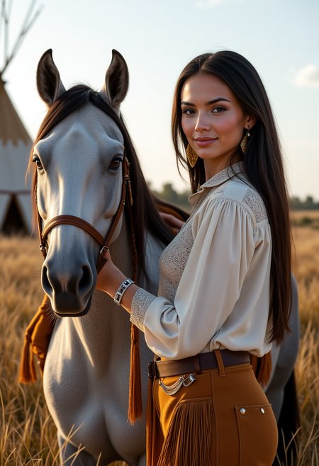 full body view, She is approximately 18 years old. Hyperrealism, she is looking at the camera, (dynamic angles), profile headshots of a beautiful, stunning unique female character.  she has braid dark hair. her eyes are filled with joy and excitement, extravagant eyelashes. a photo of Maid3n, she is wearing a white frilly shirt. and buckskin pants. The woman is posing confidently. a tipi and tall grass in the background. She has a slight smile on her face and is looking directly at the camera. making this image a masterpiece of photography and digital art. realistic. making this image a masterpiece of photography and digital art. Style: realistic hyper-detailed rendering, 32k UHD, expressive eyes, punk, graphic design, girl's face, pretty and cute, gleaming lips, telling a tale of adventure. Exuding confidence and serenity. The overall mood of the image is happy and relaxed,detailed skin texture,(blush:0.2),(goosebumps:0.3),subsurface scattering,whimsical,Detailed hand, Perfect hand. Perfection style. is posing on a grey horse. she is wearing brown leather boots. She is wearing a white shirt and brown buckskin pants. The scene is set outdoors, there is a tipi visible in the background. The photo is taken in a full body shot, focusing on Maid3n and her horse.. making this image a masterpiece of photography and digital art. realistic. making this image a masterpiece of photography and digital art. Style: realistic hyper-detailed rendering, 32k UHD, expressive eyes, punk, graphic design, girl's face, pretty and cute, gleaming lips, telling a tale of adventure. Exuding confidence and serenity. The overall mood of the image is happy and relaxed,detailed skin texture,(blush:0.2),(goosebumps:0.3),subsurface scattering,whimsical,Detailed hand, Perfect hand. Perfection style.