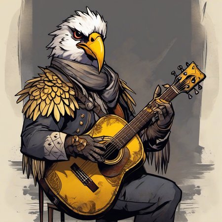 1aarakocra, man bird, masterpiece, beautifull, medieval concert background, serious focus face, white feathers, guitar in hands, yellow beak high-definition 8k, comicish artwork in dgst artstyle