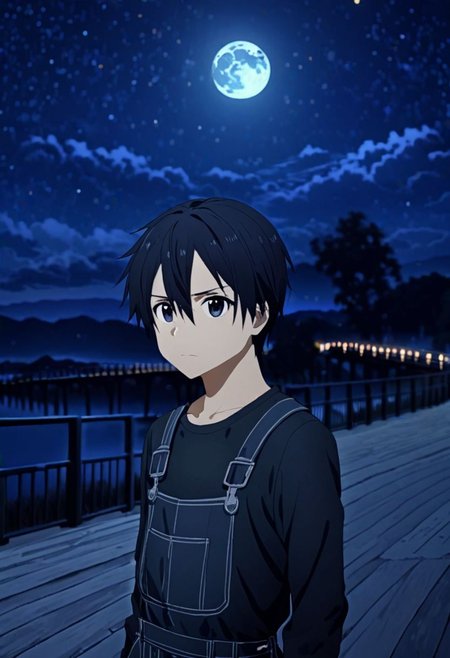 high resolution, professional photography, best quality, 1Boy, Kirigaya Kazuto, Black Hair, Black Eyes, overalldetail, depth of field, bright moon, fantastic night, stary sky, dreamlike, midle of bridge