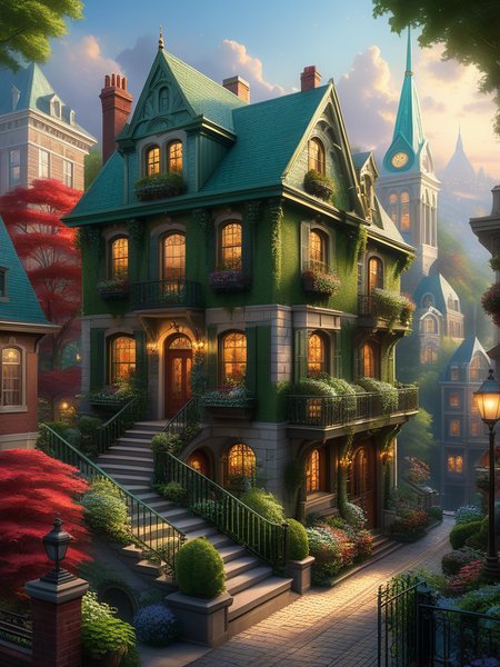 <lora:SS02ImpressionisticPainting_Hap_XL:1>,Thomas Kinkade style,  Nature and architecture coalesce in a breathtaking urban cityscape, design by ArtsVisuelsPapilou, trending on ArtStation, where verdant foliage seamlessly intertwines with meticulously crafted buildings, captured in sharp focus, intricate details prominent, highly detailed, reminiscent of a Greg Rutkowski masterpiece, photo studio setting.