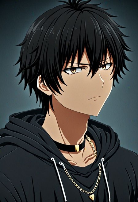 high resolution, solo, best quality, 1Boy, Seiya Kanie, black hair, short hair, thin, bangs, necklace, choker, hair between eyes, Hoodie, OverallDetail