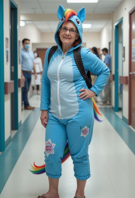 A 75-year-old woman in a Rainbow Dash outfit,  standing in a hospital. aidmafemalecosplay