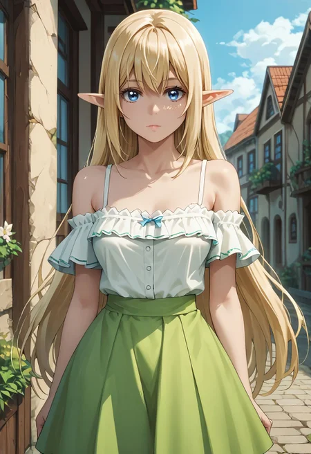 score_9,score_8_up,score_7_up,score_6_up, <lora:aria_beheneko_pdxl_goofy:1> aria beheneko, elf, blonde hair, long hair, blue eyes, 1girl, solo, looking at viewer, Off-Shoulder Top, Maxi Skirt , ooutdoors,