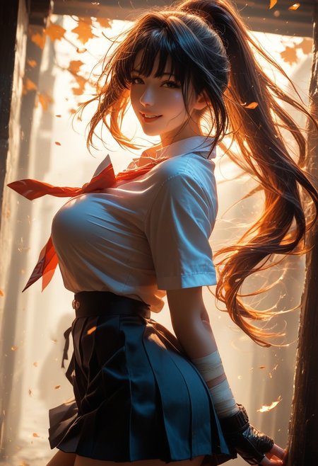 score_9, score_8_up, score_7_up, rating_explicit, ((face lighting)), light rays, horny face, steamy, magical light, depth of field,
cinematic lighting, warm lighting, dust, light rays, horny face, vibrant colors, 
1girl, young and cute, school uniform, dynamic pose, smile, standing on the street, pale skin, bandage on arms, fingerless gloves, dark hair, long ponytail, thin bang, parted lips, looking at viewer, smooth skin, tilted angle, arms down, hands before skirt, skirt lifted by wind from back side, side view, 
, perfect body, large breast, hurricane background, flying leaves, flying sakura,
Expressiveh, realstic,