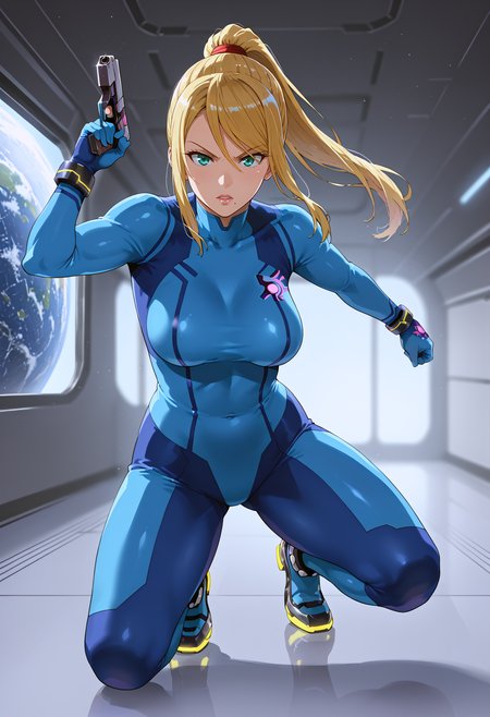 takeda hiromitsu style, source_anime, anime screencap, uncensored, dynamic angle, dynamic view, takeda hiromitsu style, dynamic pose, foreshortening, extreme perspective,
sole female, solo, 1girl, samus aran, blonde hair, swept bangs, long hair, ponytail, mole under left lip, turquoise eyes, zero suite, blue body suit, blue gloves, metal bracelets, sagging breasts, medium breasts, skintight, fully dressed, action pose, dynamic pose, determined, superhero landing, dynamic pose, holding gun, complex background, detailed background, inside giant spacecraft, outer space in window, multiple galaxies in the background, giant view of space, giant window with a view of space, view of planets, view of stars, depth of field, blurry background, volumetric lighting, back lighting, side lighting, 3 point lighting, reflective floor, glossy floor, reflective interior,
<lora:takeda_hiromitsu_style_xl_goofy:1.0>, <lora:DynamicPose_alpha1.0_rank4_noxattn_100steps:3.0>, <lora:Superhero_landing:0.5>