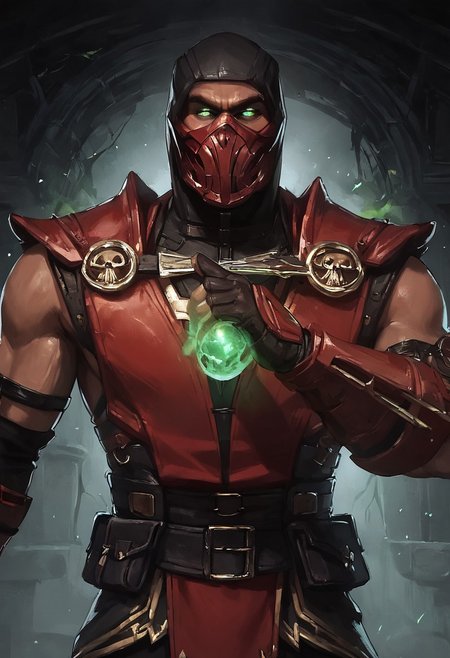 score_9, score_8_up, score_7_up, score_6_up, score_5_up, score_4_up, masterpiece, perfect face, perfect eyes, Mortal Kombat Style,
solo, looking at viewer, gloves, 1boy, (((red armor))), male focus, belt, hood, (((red mask))), glowing, shoulder armor, glowing green eyes, ninja, sickle gloves, 
background ((highly detailed, masterpiece, inside a green glowing demonic cave with raging green magic, swirling miniature green skull souls)), at night, sexy guy, (((Mortal Kombat Style))), mature male, standing, green glowing magic energy in hands, dynamic pose, serious, serious look, ((half body shot:1.5)), front view, male focus, looking at viewer,