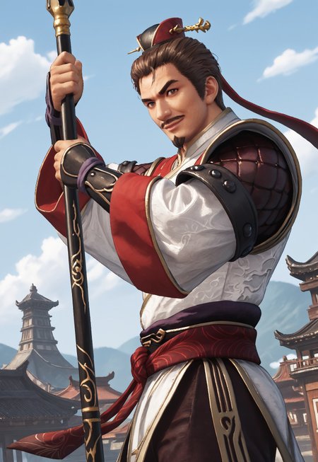 score_9, score_8_up, LuSuDWO, short hair, brown hair, brown eyes, goatee, mustache, mature male, muscular, headwear, pauldrons, chinese clothes, wide sleeves, bracers, red sash, dark-maroon pants, looking at viewer, smile, dynamic pose, detailed background, dutch angle, ancient china, blue sky, clouds, upper body, cowboy shot, holding a spear, gust of wind, fighting stance,  side view,