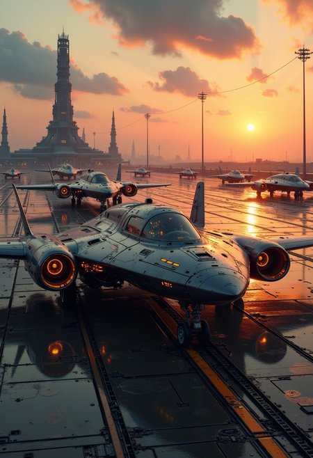 in the style of ck-mgs, A digital artwork in the style of cknc, a_skynet_cyberdyne_craft, the image is featuring several futuristic, highly advanced stealth spy planes parked on a large military airfield, with a fuselage made of a dark gunmetal alloy and the cockpit shows glowing led lights, and is covered in intricate neon yellow electrical circuitry; the engines have large air intakes; the airfield is on a lush planet, and contains intricate cyberdyne towers and structures, sunset, vivid sky