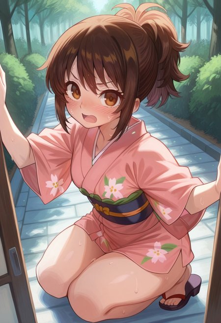 1girl, solo, brown eyes, medium breast, thick thighs,  blush , sweating , extreme detail ,small breast , cute female face, beautiful face, perfect face, , 1girl,Brown hair, brown eyes, short hair, ponytail, Japanese clothes, pink kimono, sash, obi, 1girl, young, cute, extremely cute, petite, perfect young face, small breasts, blush, open mouth, looking at viewer, park outdoors, BREAK ((ultra-detailed)), ((best quality)), ((beautiful eyes)), ((extremely detailed)), 4K, (8K), best quality, (beautiful), Master piece, highres, best quality, official art, highres, masterpiece, detailed background, high quality background, flat color, full body , short dress, sandals