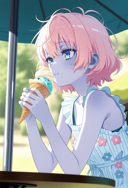 masterpiece, best quality, high quality, high details, source_anime, score_9, score_8_up, score_7_up, extremely detailed,
zombie girl, half-length portrait, sitting at a sunny outdoor cafe table, intently staring at an ice cream cone, puzzled but calm expression, focused on eating, summer dress torn but colorful, chipped nail polish, pale bluish skin, messy hair with flowers stuck in it, bright warm lighting, pastel color palette, cinematic composition, dutch angle (slightly tilted), depth of field, cheerful cafe background with parasols and sunlight