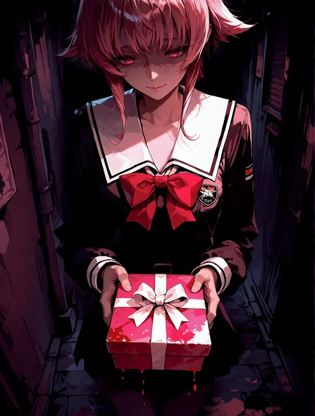 1girl, onoe serika, OnoeSerDef, short hair, pink hair, short hair with long locks, pink eyes, empty eyes, partially shaded face,  light smile, school uniform, red bow on uniform, cowboy shot, (head out of frame), cropped, [from above], straight-on, foreshortening, [[fisheye]], BREAK,
holding gift, pink gift box, huge box, heavy box, bloody box, white ribbon on box, box dripping blood, dirty box, horror \(theme\), 
[akakura, momoko \(momopoco\)],  nhl-001, limited palette, outdoors,  realistic, dark background, alley, ((dark)), night, depth of field, messy lineart,
masterpiece,best quality,amazing quality,sensitive, very aesthetic, <lora:OnoeSerika_XLPD:1> <lora:nhl-001:0.85>  <lora:ponyv3_ill01_2_adamW:1>