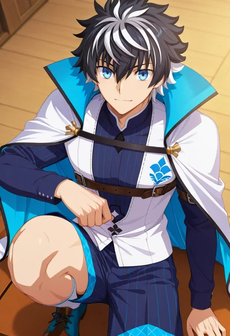 masterpiece, best quality, intricate details, anime screencap, anime coloring, official style, , 1boy, solo, male focus, <lora:charlemagne_fate_ilxl:0.9>, charlemagne_fate, black hair, blue eyes, multicolored hair, white hair, two-tone hair, short hair, hair between eyes, bangs, streaked hair, cape, , Eyelet Marigold Moroccan Board shorts with print, Chevron Linen Olive Polo jacket, Slip-on shoes, , and