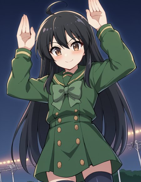 score_9, score_8_up, score_7_up, source_anime, <lora:shakugan-no-shana-s3-ponyxl-lora-nochekaiser:1>, shana, long hair, black hair, brown eyes, ahoge, sidelocks,, school uniform, serafuku, green serafuku, bowtie, green bowtie, green shirt, green sailor collar, long sleeves, green skirt, buttons, thighhighs,, runway, planes, lights, takeoff, landing, , <lora:rabbit-pose-ponyxl-lora-nochekaiser:1>, rabbit pose, smile, blush,, looking at viewer, solo,, dutch angle, cowboy shot