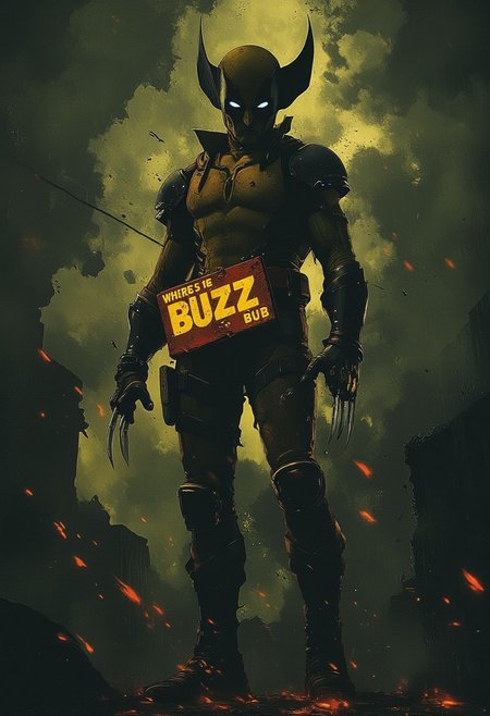 ArsMJStyle, dnddarkestfantasy, Wolverine, mask, claws, white eyes, horror, dark fantasy style illuminated from the side, surreal abstract background,
Wolverine, cinematic, 4k, depth of field,wolverine holds a big sign that says "where's the BUZZ bub",score_9,score_8_up,score_7_up, masterpiece, highlydetailed,