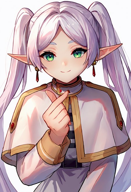 score_9_up score_8_up score_7_up, source_anime, 1girl, finger heart, leaning forward, smile
BREAK
nereirfpnxl, frieren, 1girl, solo, pointy ears, twintails, very long hair, earrings, holding, jewelry, white background, capelet, elf, dress, simple background, white capelet, long sleeves, white dress, closed mouth, parted bangs, white hair, upper body
<lora:finger_heart_korean:1>
<lora:others_frieren_nereirfpnxl_pony_v2:1>