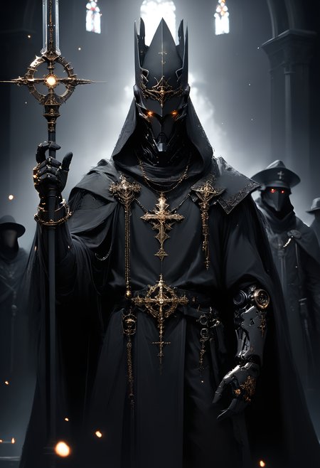 (score_9, score_8_up), score_7_up, 1boy, 2others, church, Highly detailed RAW color Photo, holding staff, holding, 1arm up, cowboy shot, black hair, gloves, hat, hood, cape, makeup, chain, pale skin, robe, pillar, glowing eyes,
shoulder armor, gauntlets, pauldrons, mask, helmet, dark, full armor, all black armor, black cloak, occult, dark theme, black theme, jewelry, dark, elegant, royal, headpiece, robot, mechanical arm, sci fi, cyborg, robotic circuits, glowing fiber optic cables,
photo realistic, realistic, glistening, glowing, dark lighting, dof, depth of field, realistic, dark background, light partials, CINE, fire embers, low-key,