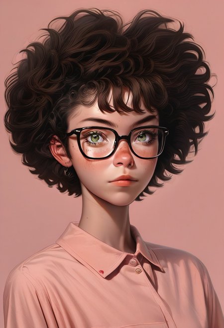 1girl, pretty face, freckles, manic pixie, dark hair, 
nerdy tshirt, seductive, glasses, 
FOV medium shot, 
simple pastel lilac background,
score_9,score_8_up