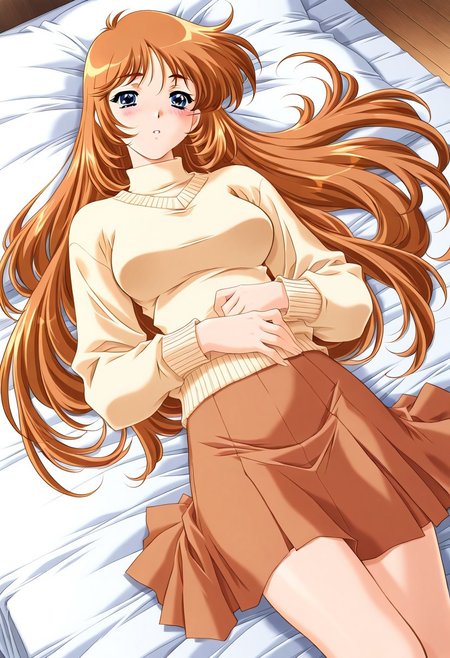 masterpiece, best quality, newest, highres, uncensored, 1girl, yokota mamoru style,1girl, slender face，motion lines,Kobayakawa_Mizuho, blue eyes, very long hair, orange hair, bangs, breasts,Brown Hair , Waist Length hair, Blue Eyes,1990s (style),slim,
1girl, solo, long hair, blue eyes, blush, lying, skirt, long sleeves, on back, sweater, dutch angle, brown hair, bed