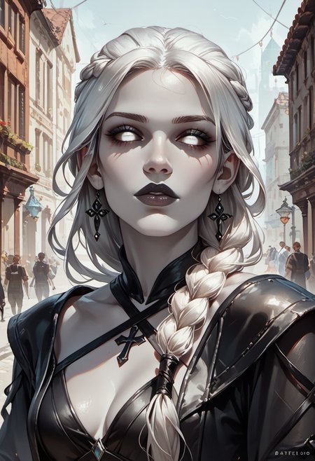 score_9, score_8_up, score_7_up, (zPDXL3), female, face portrait, 
Changeling, gray skin, white eyes, long white hair, very-long hair, single braid, dark eyelids, black sclera, full lips, black lipstick, leather cross-wrap halter top, ethereal beauty, looking at viewer, gray skin, colored skin, fantasy city street, beautiful,