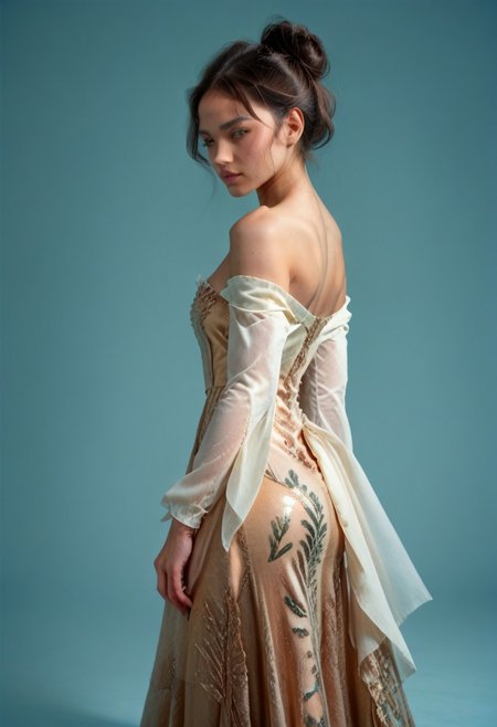 score_9, score_8_up, score_7_up, kebaya dress (long dress, skin tight, strapless, off shoulder, luxurious design),
pureerosface_v1, JDMAI_KEBAYA, JDMAI_ARIEL_SARI, 
(dynamic lighting), (dynamic shadow), 4k, HD, Hi res, cinematic masterpiece, photographic masterpieces, epiCPhoto,
Neat hair bun, professional makeup, side view, 
Portrait, upper body, alluring pose, 
(simple turquoise background), (blurry background), (sharp focus on object),
