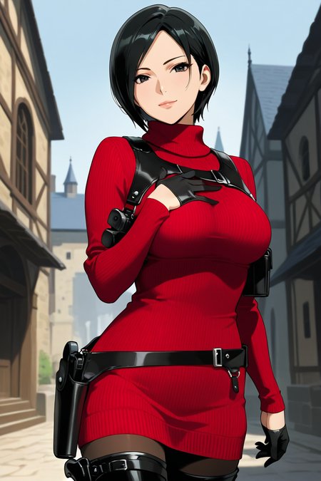 <lora:ada_wong_re_illus:0.7> ada wong, black hair, short hair, black eyes, large breasts, red sweater, turtleneck, chest harness, pantyhose, black gloves, half gloves, black belt, pistol holster, 1girl, solo, looking at viewer, smile, thighhighs, jewelry,  standing, weapon, boots, belt, black footwear, lips, gun, thigh boots, bob cut, high heel boots, sweater dress, thigh holster,  shoulder holster, black thighhighs, anime coloring, pistol holster on belt, medieval cities, more detail, cowboy shot, hand grabbing chest,
