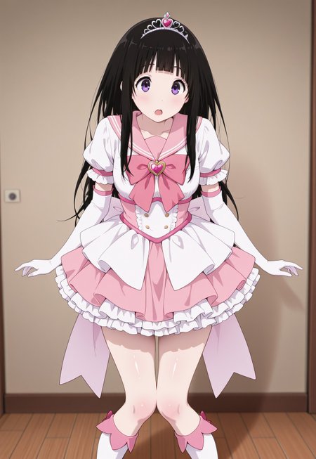soft_skin,shiny_skin,,,masterpiece,extremely detailed,best quality,amazing quality,newest,absurdres,highres, 1girl , solo, chitanda eru, black hair, long hair, blunt bangs, purple eyes, tiara, serafuku, pale pink sailor_collar , puffy short sleeves, pale pink magical girl outfit, white gloves, elbow gloves, huge white back bow reaching knees, heartbrooch ,frilly miniskirt, Multiple layered petticoat,,   open mouth, knees together feet apart,standing, ,arms_at_sides