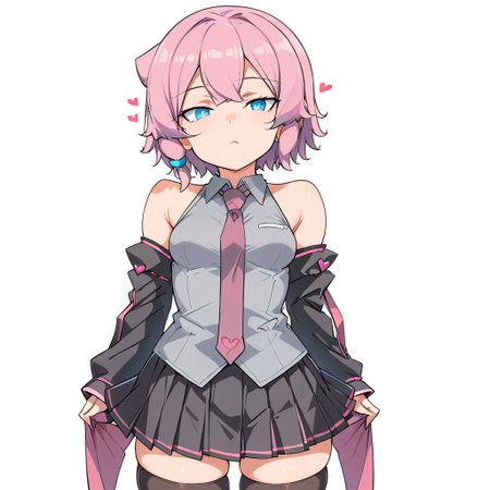 score_9,  1girl, maeve, pink hair, short hair, blue eyes, abmayo, solo, 1girl, skirt, detached sleeves, heart, thighhighs, bangs, necktie, shirt, pleated skirt, black thighhighs, bare shoulders, black skirt, simple background, hair ornament, looking at viewer, cowboy shot, shiny, grey shirt, breasts, zettai ryouiki, white background