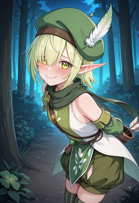 highres, best quality, masterpiece, forest, night,
1girl, pcraoi, short hair, elf, light green hair, pointy ears, green eyes, hair over one eye,
pcaodef, hat feather, white feather, green headwear, beret, green scarf, torn scarf, clover, two-tone shirt, green tabard, white shirt, sleeveless shirt, bare shoulders, detached sleeves, green sleeves, green shorts, puffy shorts, vertical-striped thighhighs, shoulder belt,
looking at viewer, blush, embarrassed, smile, wavy mouth, 
standing, arms behind back, from side,
quiver, arrow \(projectile\), leaning forward, 
<lora:_aoi_pcr-elesico-ilxlG:1>