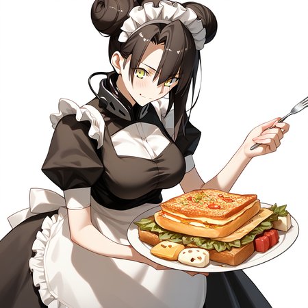 <lora:Takeuchi_Takashi_PonyXL_style_v01:1>
<lora:agent.pony:1>
score_9 , score_8_up , score_7_up , source_anime , 
masterpiece , best quality , ultra-detailed , 
BREAK
agent \(girls' frontline\), maid
1girl , woman , huge breasts , light smile , light blush , ((medusa (fate)):0.5)  , 
long black hair  , maid dress ,  
eating