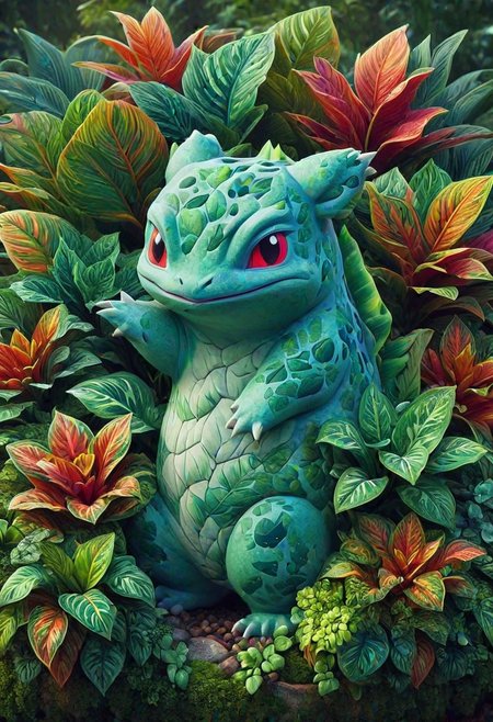 bulbasaur, pokemon art style, variegatedleaves, cartoony, colorful