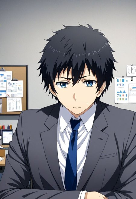 high resolution, solo, best quality, 1Boy, Arata Kaizaki, Black Hair, Blue Eyes, suit, worklife, workspace, OverallDetail