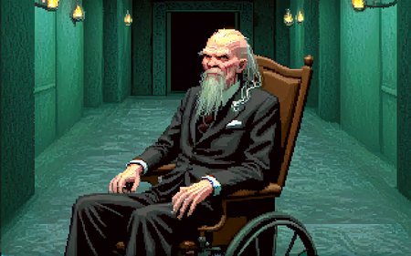 <lora:bigtroubleinlittlechina sdxl - damocles_aaa:0.9> <lora:lucasarts style:1.3> lucasarts style,
, 2d flat shading, pixel art, video game screenshot
oldman,close-up,sitting on a wheeelchair,in a hallway