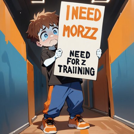 guy holding up a sign that says "I need more buzz for training."
masterpiece, best quality, 
1boy, solo, (white skin), brown hair, athletic, freckles, black shirt, t-shirt, chin scruff, blue pants, big eyes, blue eyes, huge pupils, checkerboard symbol on shirt, orange shoes, full body, sign, tears,
