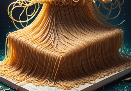 Surrealist art (Digital Artwork:1.3) of (Visual novel:1.3) <lora:Book_FFusion_32:1> a book with spaghetti on top of it, intricate pasta waves, made of spaghetti, amazing food illustration, noodles, spaghetti, intricate art deco pasta designs, amazing food photography, spaghettification, ultrarealistic illustration, super realistic food picture, highly detailed surrealist art, cake art, hyperrealistic illustration, stunning artwork, photo taken of an epic intricate,CGSociety,ArtStation,(Abstract Art:1.3),(Surrealism Art:1.3),(Abstract Illusionism:2),naturalism,land Art,regionalism,shutterstock contest winner,trending on unsplash,featured on Flickr . Dreamlike, mysterious, provocative, symbolic, intricate, detailed