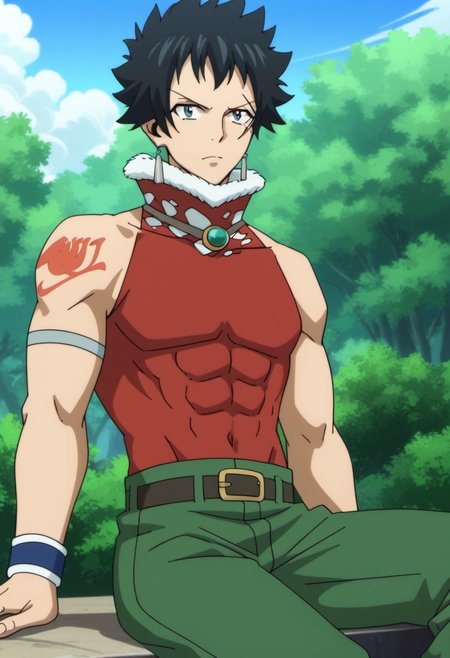 score_9, score_8_up, score_7_up, source_anime, rating_safe, MestFT, Mest scar, grey Mest earrings, 1boy, male focus, anime screencap, black Mesto hair, brown-green Mest necklace, red FT tattoo, red-white Mest shirt, grey Mest armlet, blue Mest wristband, black-yellow Mest belt, green Mest pants, cropped feet, sitting,